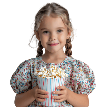 blonde girl holding bucket of popcorn on isolated transparent background png