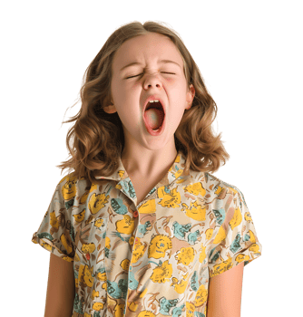 portrait of teenage girl in pyjama shirt and yawning on isolated transparent background png