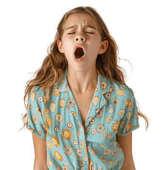 portrait of teenage girl in pyjama shirt and yawning on isolated transparent background png