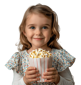 blonde girl holding bucket of popcorn on isolated transparent background png