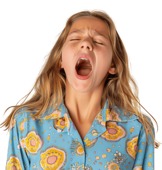 portrait of teenage girl in pyjama shirt and yawning on isolated transparent background png