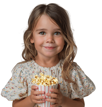 blonde girl holding bucket of popcorn on isolated transparent background png