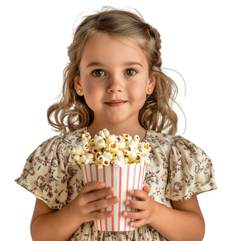 blonde girl holding bucket of popcorn on isolated transparent background png