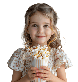 blonde girl holding bucket of popcorn on isolated transparent background png