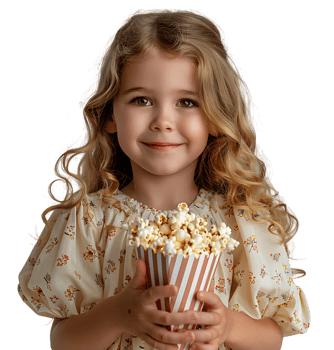 blonde girl holding bucket of popcorn on isolated transparent background png