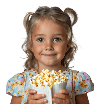 blonde girl holding bucket of popcorn on isolated transparent background png