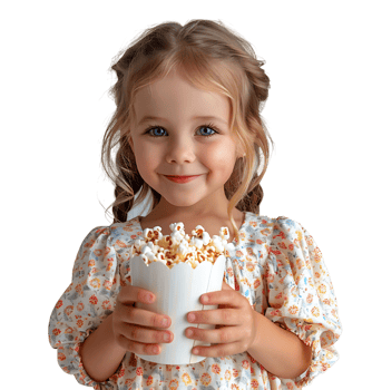 blonde girl holding bucket of popcorn on isolated transparent background png