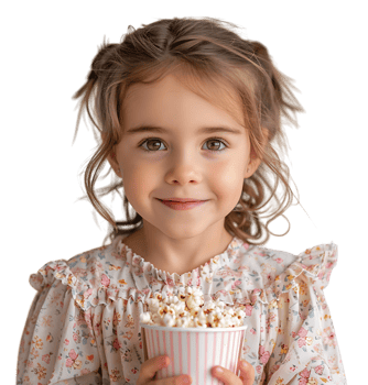 blonde girl holding bucket of popcorn on isolated transparent background png