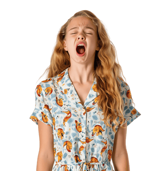 portrait of teenage girl in pyjama shirt and yawning on isolated transparent background png