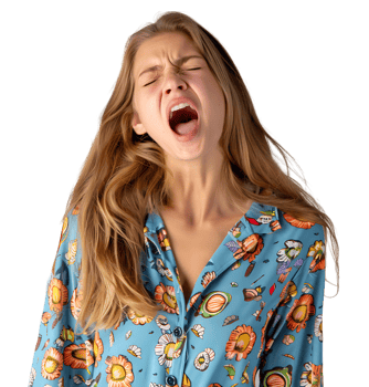 portrait of teenage girl in pyjama shirt and yawning on isolated transparent background png