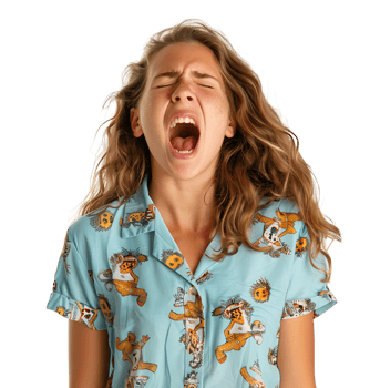 portrait of teenage girl in pyjama shirt and yawning on isolated transparent background png