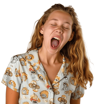 portrait of teenage girl in pyjama shirt and yawning on isolated transparent background png