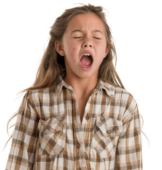 portrait of teenage girl in pyjama shirt and yawning on isolated transparent background png