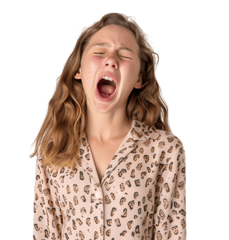 portrait of teenage girl in pyjama shirt and yawning on isolated transparent background png