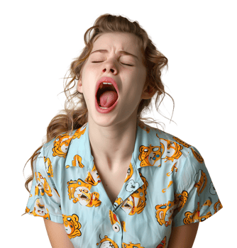 portrait of teenage girl in pyjama shirt and yawning on isolated transparent background png