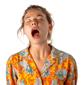 portrait of teenage girl in pyjama shirt and yawning on isolated transparent background png