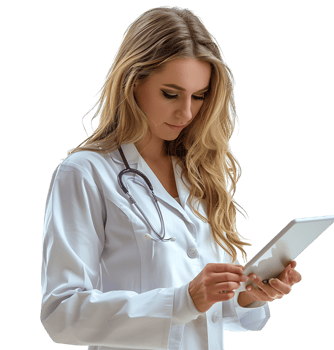 Confident female doctor using smartphone on isolated transparent background png