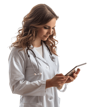 Confident female doctor using smartphone on isolated transparent background png