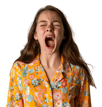 portrait of teenage girl in pyjama shirt and yawning on isolated transparent background png