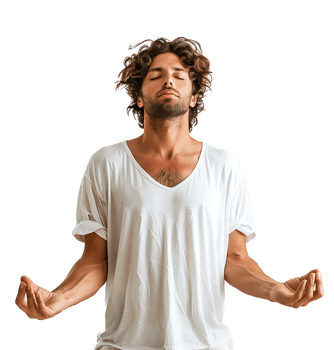 Yoga and meditation concept. Concentrated relaxed man standing meditation on isolated transparent background png