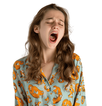 portrait of teenage girl in pyjama shirt and yawning on isolated transparent background png