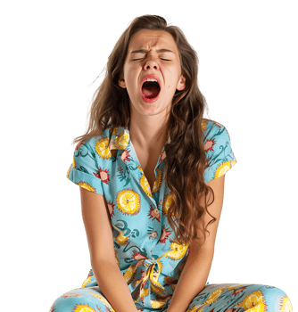 portrait of teenage girl in pyjama shirt and yawning on isolated transparent background png