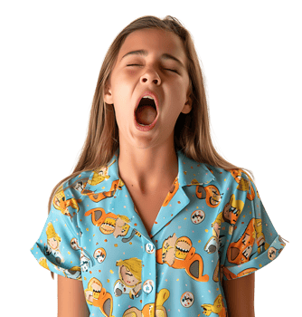 portrait of teenage girl in pyjama shirt and yawning on isolated transparent background png