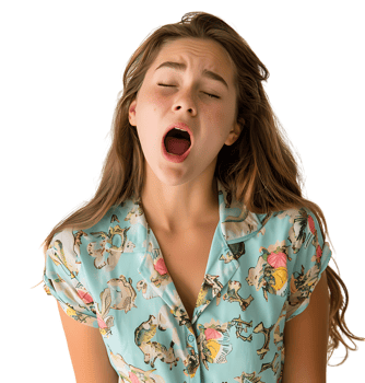 portrait of teenage girl in pyjama shirt and yawning on isolated transparent background png