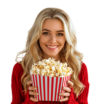 blonde girl holding bucket of popcorn on isolated transparent background png