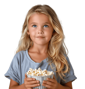 blonde girl holding bucket of popcorn on isolated transparent background png
