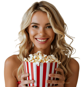 blonde girl holding bucket of popcorn on isolated transparent background png