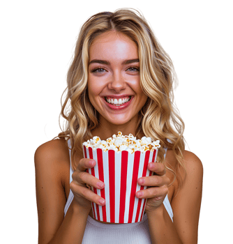 blonde girl holding bucket of popcorn on isolated transparent background png
