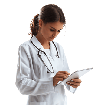 Confident female doctor using smartphone on isolated transparent background png