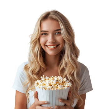 blonde girl holding bucket of popcorn on isolated transparent background png