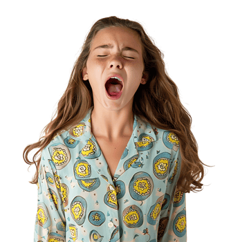 portrait of teenage girl in pyjama shirt and yawning on isolated transparent background png