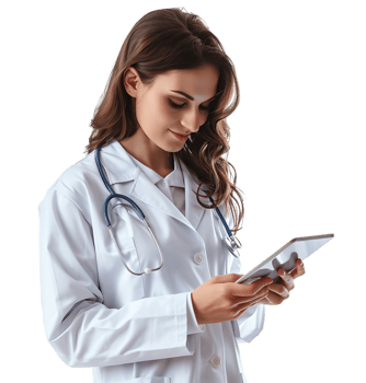 Confident female doctor using smartphone on isolated transparent background png