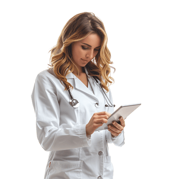 Confident female doctor using smartphone on isolated transparent background png
