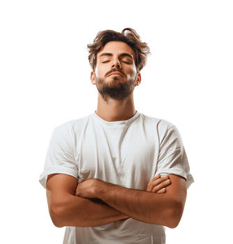 Yoga and meditation concept. Concentrated relaxed man standing meditation on isolated transparent background png