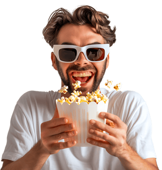 Exciting man holding bucket of popcorn on isolated transparent background png