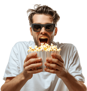 Exciting man holding bucket of popcorn on isolated transparent background png