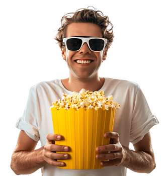 Exciting man holding bucket of popcorn on isolated transparent background png
