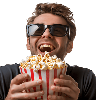 Exciting man holding bucket of popcorn on isolated transparent background png