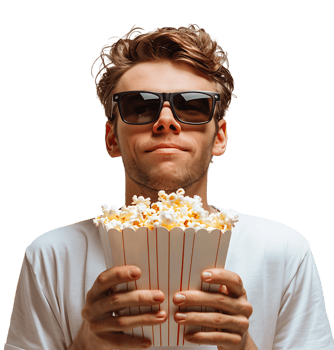 Exciting man holding bucket of popcorn on isolated transparent background png