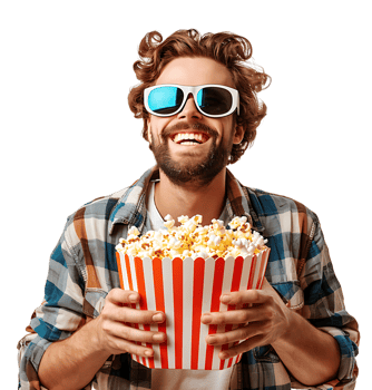 Exciting man holding bucket of popcorn on isolated transparent background png