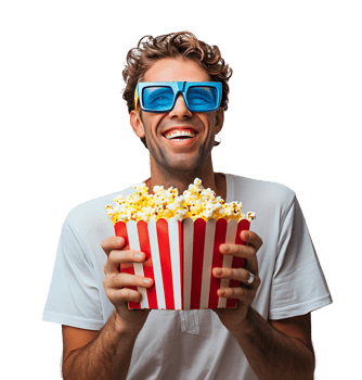Exciting man holding bucket of popcorn on isolated transparent background png