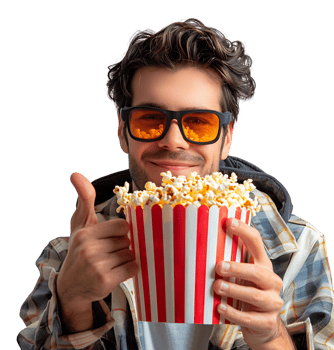 Exciting man holding bucket of popcorn on isolated transparent background png