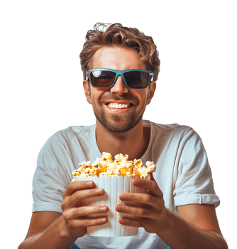Exciting man holding bucket of popcorn on isolated transparent background png