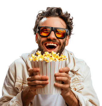 Exciting man holding bucket of popcorn on isolated transparent background png