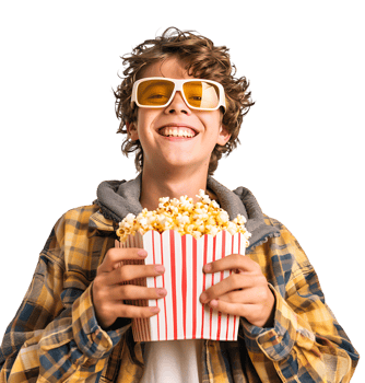 Exciting man holding bucket of popcorn on isolated transparent background png