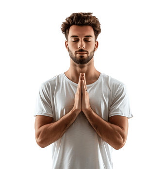 Yoga and meditation concept. Concentrated relaxed man standing meditation on isolated transparent background png